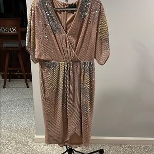 Adrianna Papell Gold Midi Gown with Plunge Neckline and Dolman Sleeves